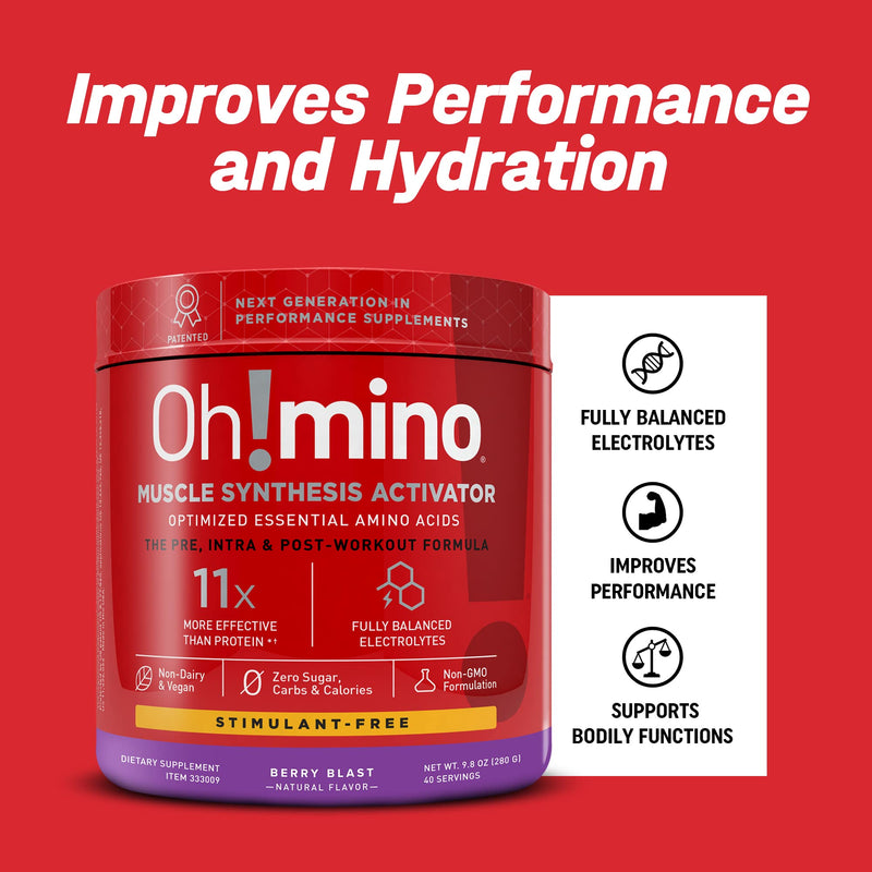 [Australia] - Oh!mino Amino Acid Energy Blend - Sugar-and-Stimulant-Free, Pre-Post Workout Powder, BCAA Amino Acids, Workout Recovery Drink, Muscle Synthesis Activator, Berry Blast, 280 g, 40 Servings Berry Blast (Stimulant-Free) 40 Servings (Pack of 1) 