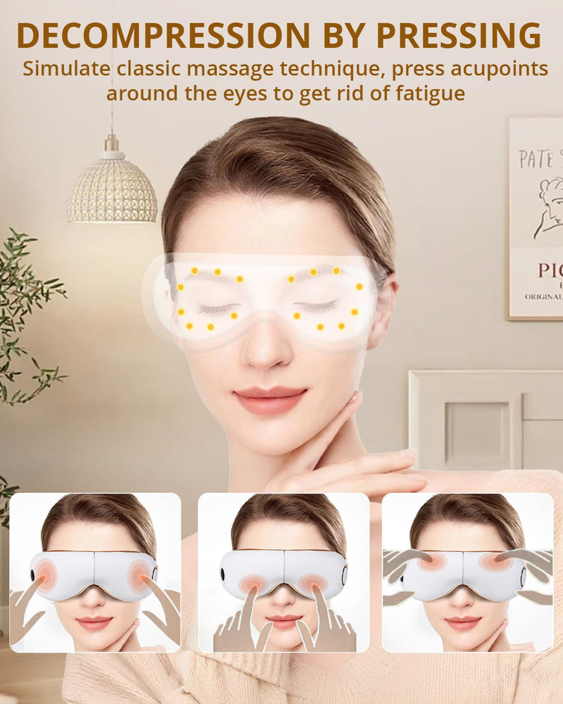 [Australia] - iRest Eye Massager with Heat,Smart Eye Mask Massager with Compression & Vibration,Relax Music,Rechargeable,Migraine Massager for Improve Sleep,Relieve Eye Strain Dry Eye Dark Circles Eye Bags,White White 
