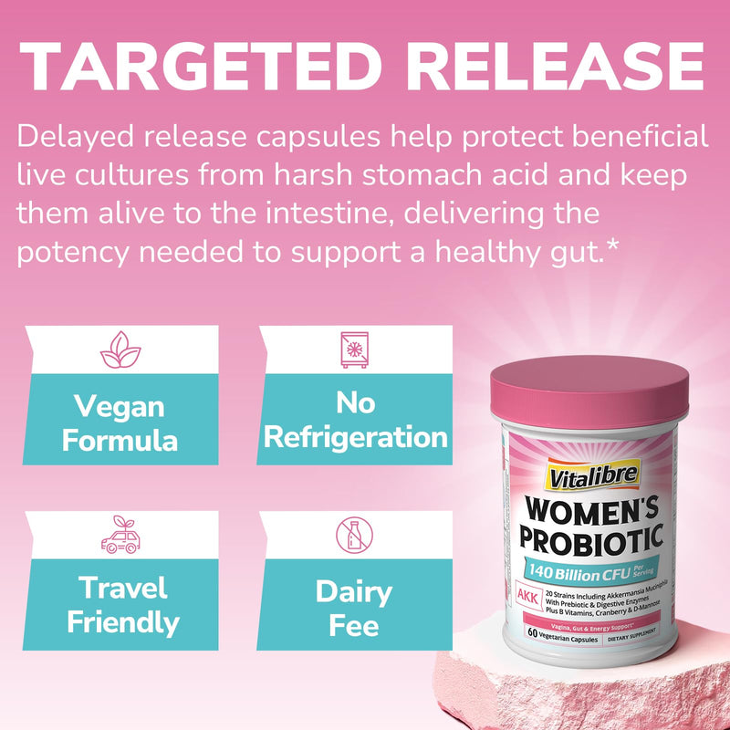 Vitalibre Women's Probiotic Plus, Akkermansia, 140 Billion CFU, 19 Strains with AKK, Vitamin B6, B9, B12, Biotin, Cranberry, D-Mannose, Gut, Vagina Health, 60 Vegetarian Caps