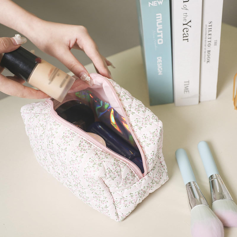 AMAZBEE Makeup Bag Bulk for Purse 14 PCS Quilted Organizer Pencil Bag with Zipper Floral Cosmetic Bags for Travel Separation