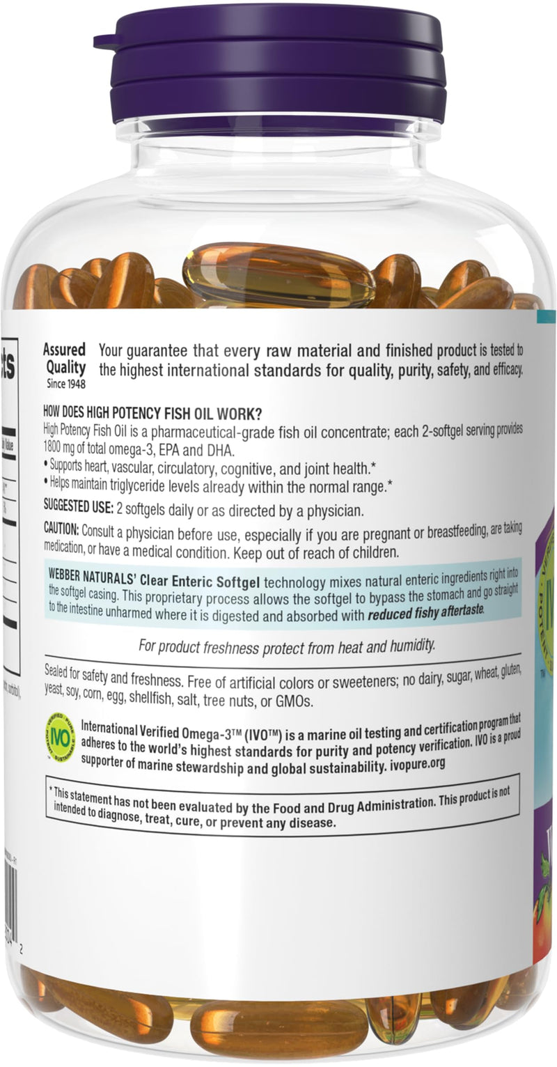 Webber Naturals Triple Strength Omega-3 Fish Oil, 1,800 mg Omega-3 (1,200 mg EPA / 600 mg DHA) per Serving, 120 Clear Enteric Softgels, No Fishy Aftertaste, for Heart, Brain and Joint Health