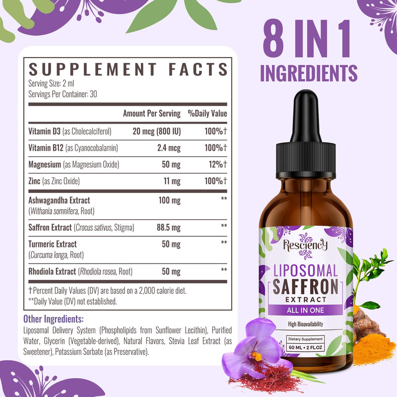 Saffron Supplements - 88.5 mg Saffron Extract Better Bioavailability Liposomal Drops for Mood, Energy, Vision & Focus with Ashwagandha, Turmeric, Magnesium, Zinc, Vitamin B12 & D3, 60 ml, 60 Servings | Liposomal Formula, With Ashwagandha, Magnesium, Zi...