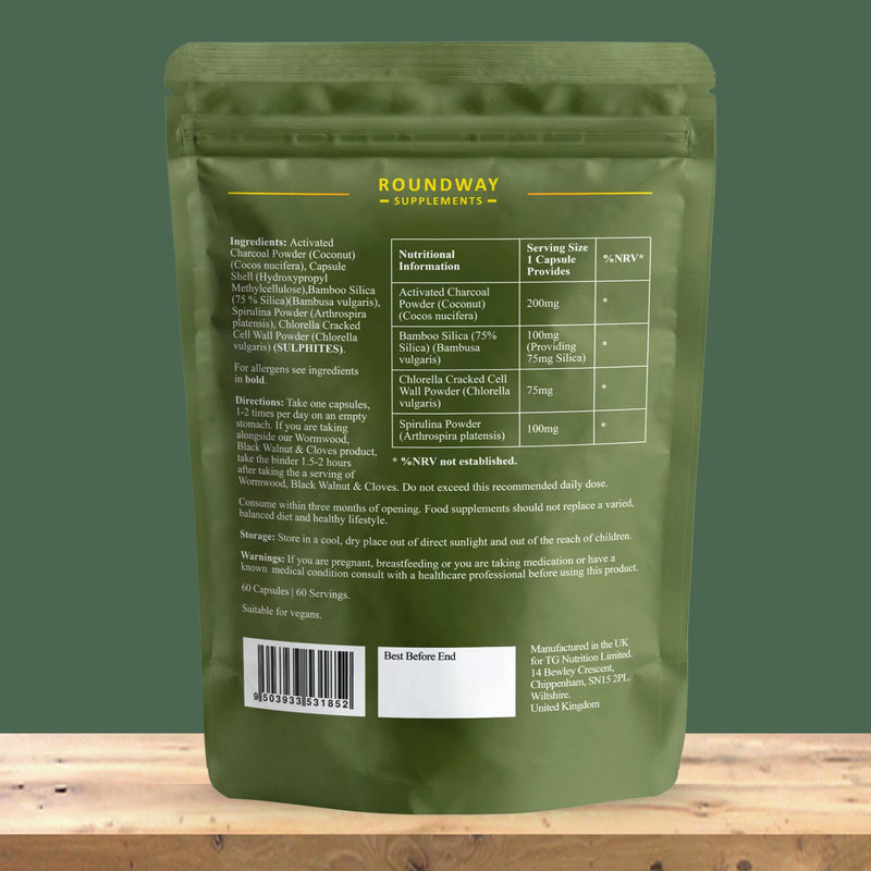 Binder & Detox Supplement with Activated Charcoal, Chlorella, Spirulina & Silica. Advanced Full Spectrum Binder for Cleanse & Detox | 60 Capsules | Made in The UK by Roundway Supplements