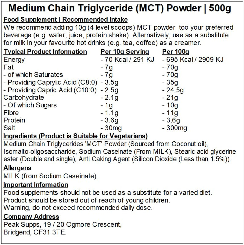 Medium Chain Triglycerides Powder 500g | MCT Easy to Mix, Ideal in Coffee, Vegetarian