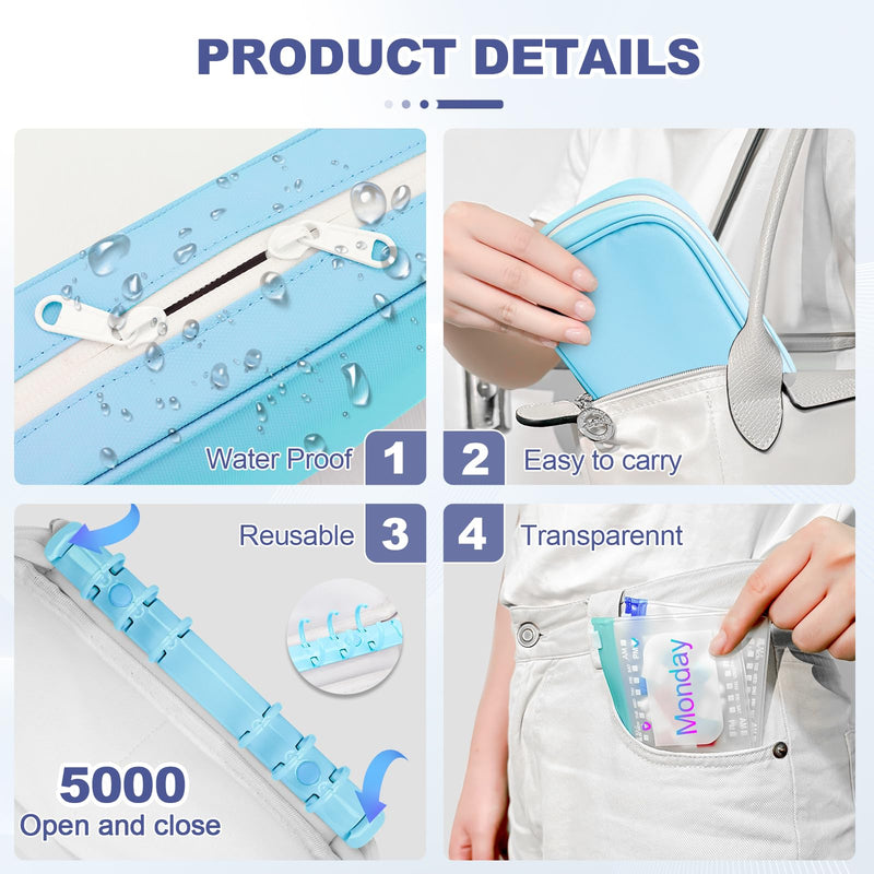 Weekly Pill Organizer 2 Times a Day – Timueetech A6 Waterproof 14 Pouch Bags for Travel, BPA-Free Medication Storage with Labels & Self-Sealing for Vitamins & Supplements, Blue 14-Pouch-Blue