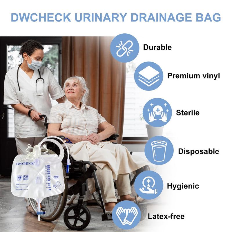 [Australia] - 5 Pack Urinary Drainage Bag with Anti-Reflux Chamber,2000mL Urine Bags with 48" Tube Drainage,Splash-Resistant Drain Spout,Clips and Hanging Hook,Disposable Urine Bags for Men 5 Pack 