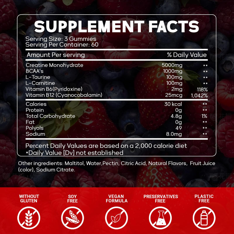 Creatine Monohydrate Gummies Complex for Men and Women 6300mg | with L-carnitine & Taurine | Build Muscle, Boost Energy | Faster Recovery | Sugar Free & Vegan | Mixberry Flavor 180Cts