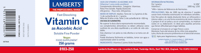Lamberts Vitamin C Ascorbic Acid - 250g Powder