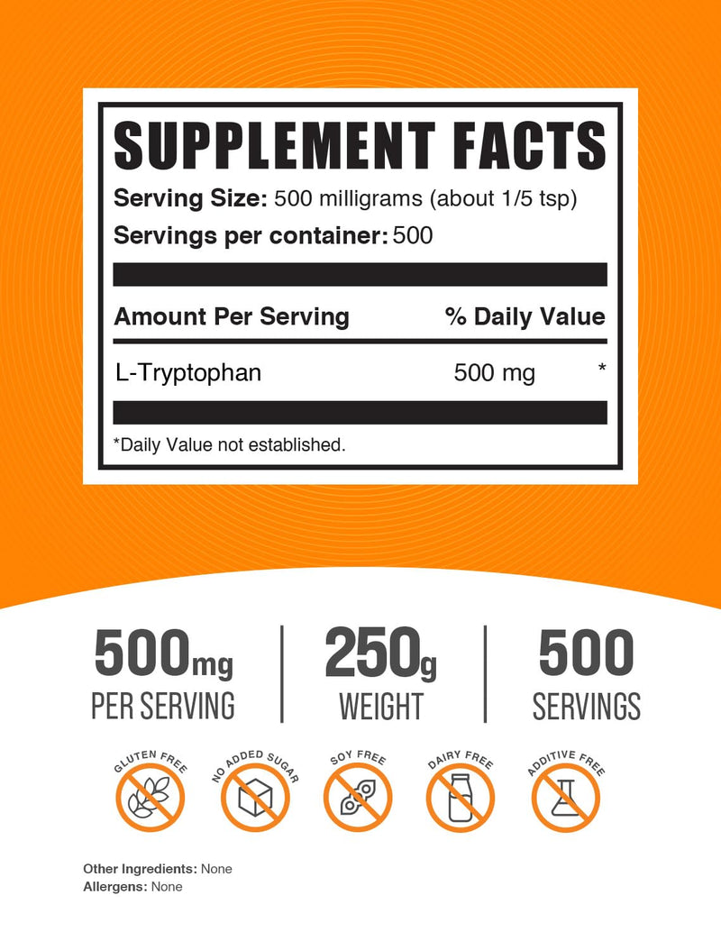 BulkSupplements.com L-Tryptophan Powder - L-Tryptophan 500mg, Tryptophan Supplement - Amino Acid Supplement, Gluten Free, 500mg per Serving, 250g (8.8 oz) (Pack of 1) 500 Servings (Pack of 1)