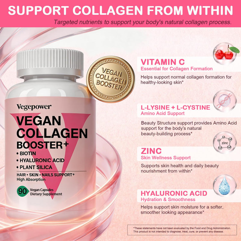 Vegan Collagen Booster with Biotin 10,000 mcg, Hyaluronic Acid, Bamboo Silica, Vitamin C & Zinc, Plant Based Hair Skin & Nails Support for Women & Men, 90 Vegan Capsules Fruit 90 Count (Pack of 1)