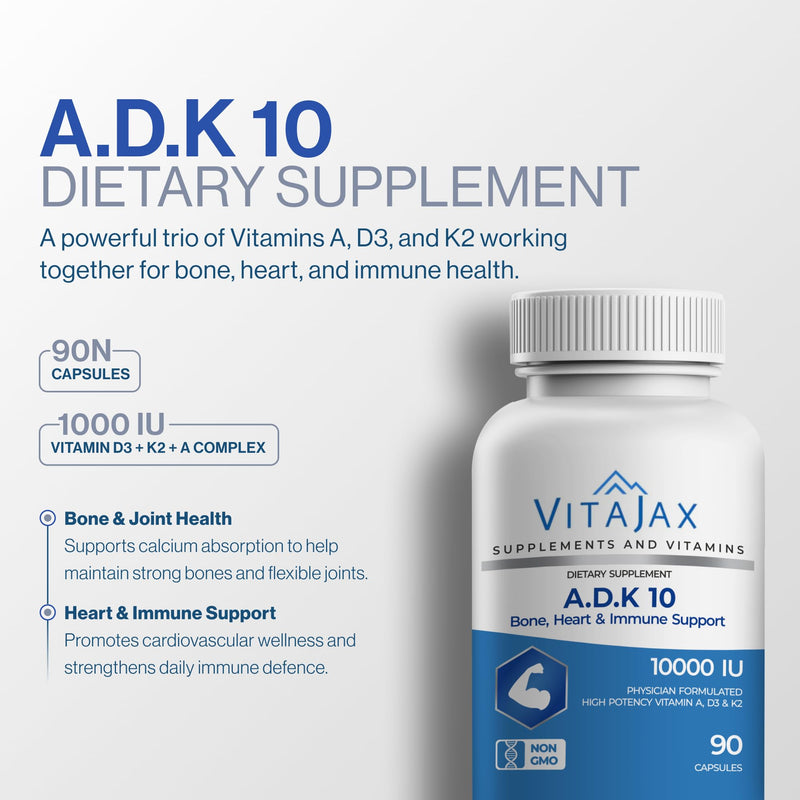 ADK 10 - Vitamin ADK Supplement, 180 Capsules - High Potency Vitamin A, D3(10,000 IU) K2 as MK-7 for Bone, Heart & Calcium Absorption – Non-GMO, Gluten Free (6 Month Supply) 2 Pack 90 Count (Pack of 2)