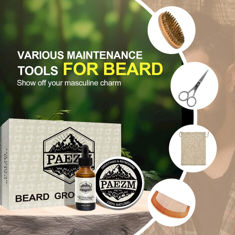 [Australia] - 5 piece beard care set for men, including natural beard oil, sandalwood scented beard balm, brush, comb, scissors, storage bag, beard care set as Christmas, birthday for him 