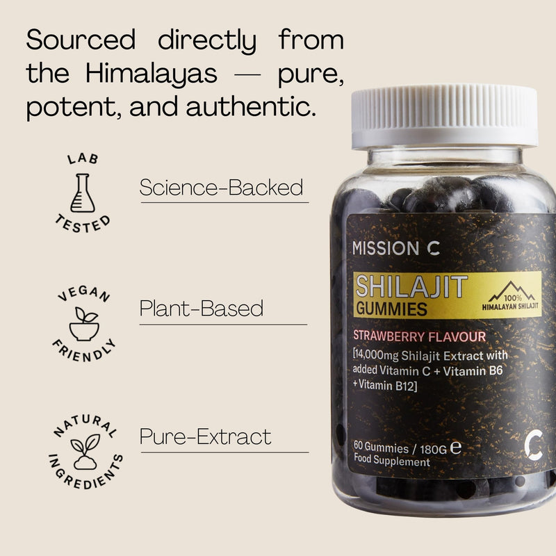 Shilajit Gummies - Pure, Himalayan - 14000 mg per Serving - High Grade - with Added Vitamin C, B6 and B12, Contains 85 Minerals, Immune System & Vitality Booster, Vegan - Lab Tested - Mission C