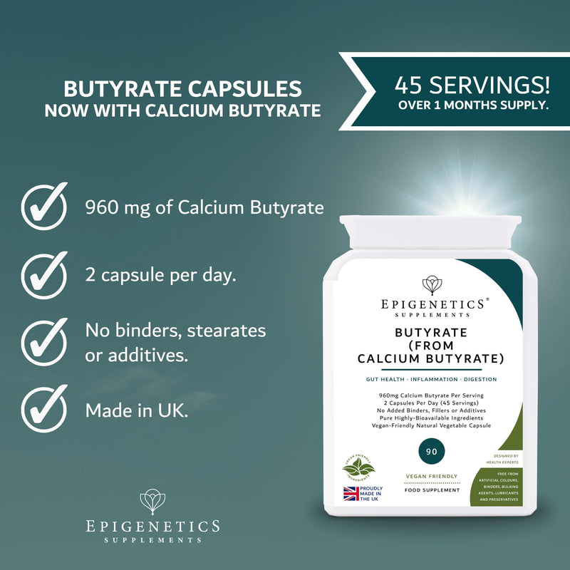 Calcium Butyrate | High Strength 960mg Butyrate Complex | Postbiotic Supplement for Gut & Digestive Health | Delayed Release Capsules | 90 Vegan Capsules | UK Made