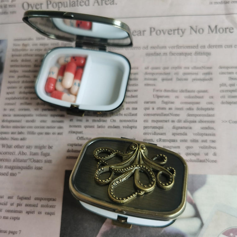 Hidad Bronze Retro Portable Travel Pill Organizer - Octopus Sign Small Pill Box for Purse or Pocket, Cute Durable Portable Mini Pill Case,Pill Bottle Container, Hold Vitamin Medicine Pill Dispenser