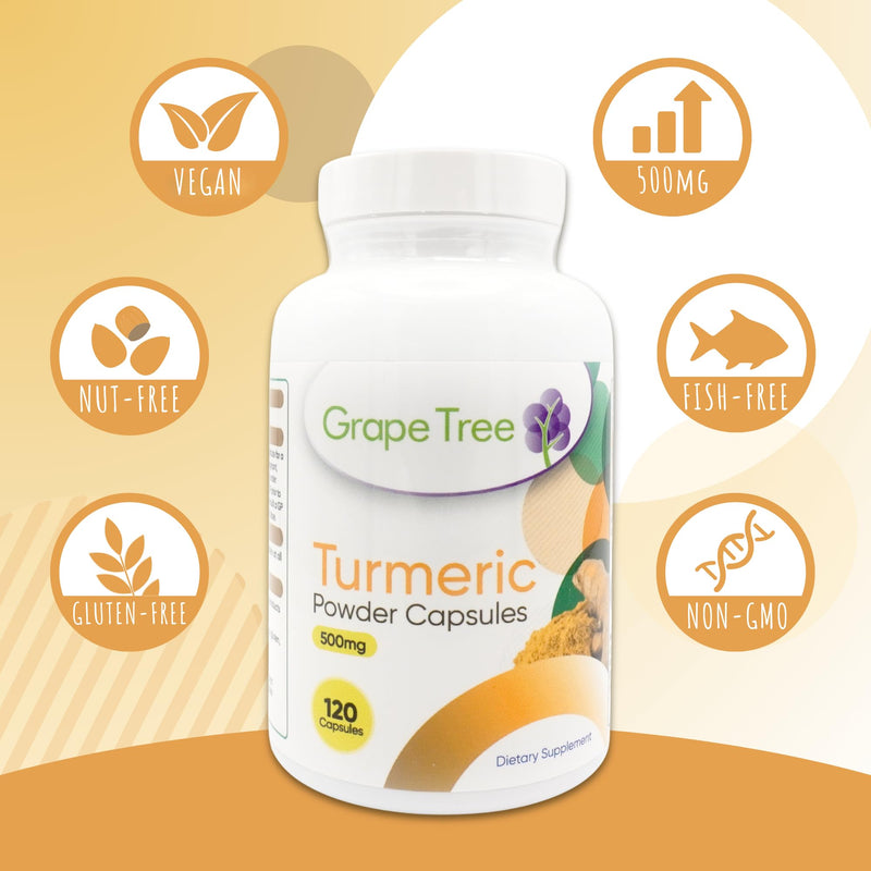 Grape Tree Turmeric Powder Supplement 500mg 120 Capsules. 4 Month Supply. Pure Turmeric Supports Joint Comfort, Flexibility, Mobility & Digestion