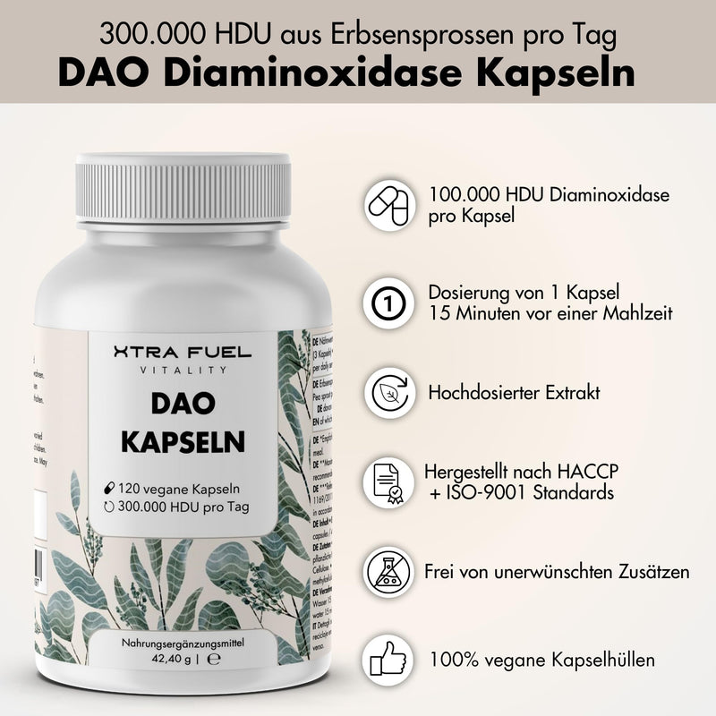 [Australia] - DAO capsules 120 pieces (high dosage) - 300,000 HDU per daily dose - DAO enzyme from pea protein - vegan & laboratory tested 120 capsules 