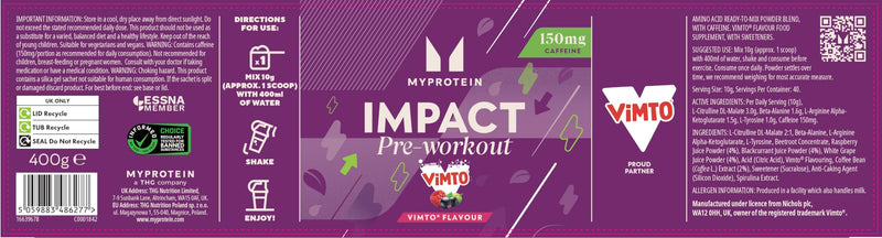 Myprotein Vimto Impact Pre‑Workout – Energy, Focus & Performance Formula with Caffeine, Citrulline & Beta-Alanine | 400 g – 40 Servings | Boosts Training Drive & Workout Intensity