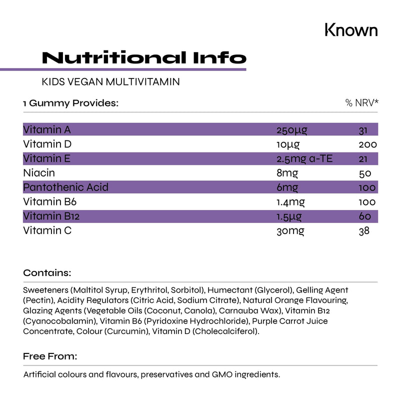 Known Kids Multivitamin Complex Gummies - Sugar-Free - Vitamin C, B6 - Immune Support - Natural Strawberry Flavour - 30 Vegan Gummies, 1 Month Supply
