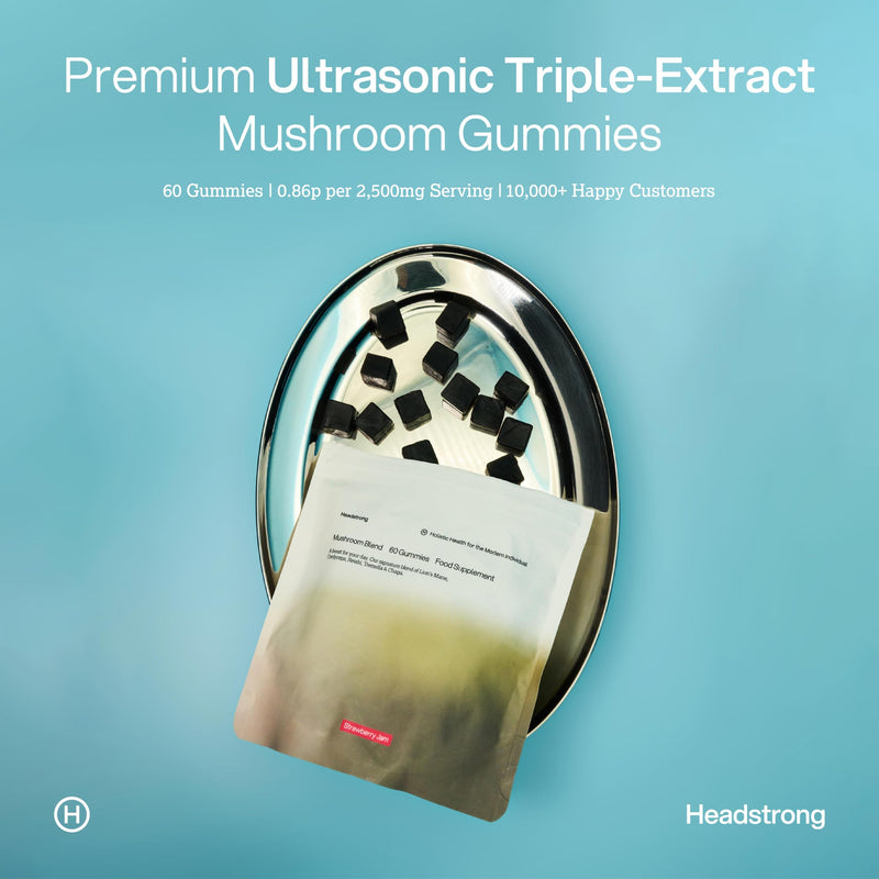 Headstrong Mushroom Gummies, 90% Active Compound Yield, Ultrasonic Triple Extract, Lions Mane, Reishi, Cordyceps, Tremella, Chaga - 2500mg Mushroom Extract, 60 High Strength Mushroom Gummies