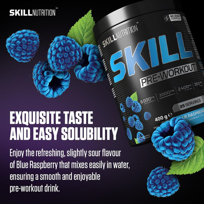 Skill Nutrition Pre-Workout Blue Raspberry - No-Crash Formula with Extended-Release Caffeine | Xtenergy®, TheaGreen™, Vitacholine®, Astragin® | Vegan, Halal | B-Vitamins, Citrulline, Beta-Alanine