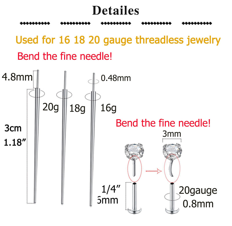 [Australia] - QWALIT Piercing Taper Threadless Piercing Changing Tool Piercing Taper Insertion Tool Piercing Threader Tool Flat Back Earring Applicator Tool Labret Titanium Threadless Insertion Pin 16g 18g 20g B1-stainless steel-mix sizes 