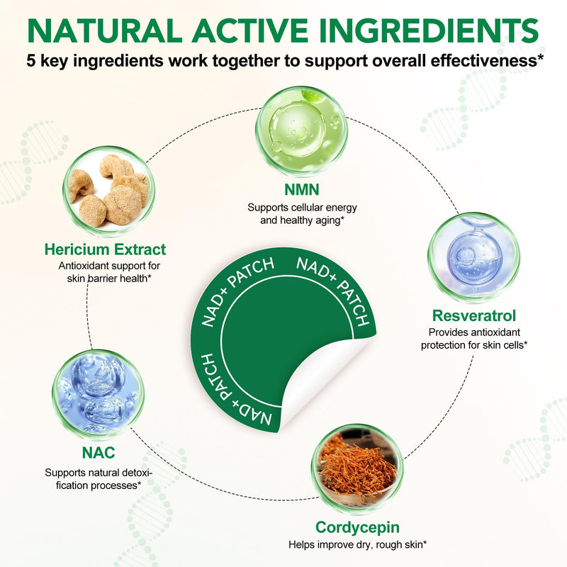 NAD+ Patches - Cell Regeneration Support - Botanical Plant-Based Formula with Resveratrol & Lion's Mane - 30 Vegan Patches