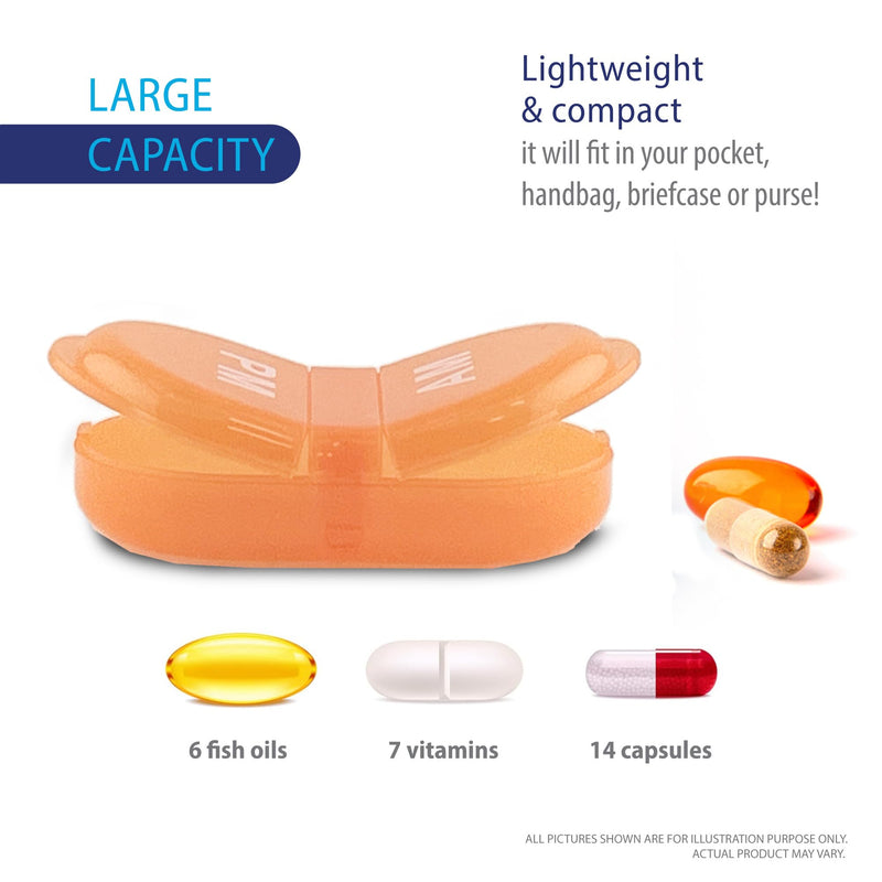 Deke Home - Pill Organizer AM PM, 2 Compartment Pill Box for Pocket or Purse, Small Daily Medicine Case, Travel Pill Holder, Easy Open Pill Container for Seniors, Vitamins & Supplements (Orang) Orange