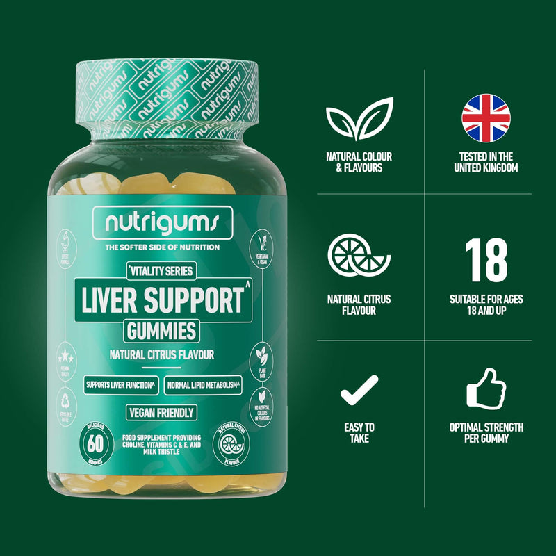 Liver Support Gummy | Citrus Flavour | 60 Vegan Gummies | Choline, Milk Thistle, Vitamins C & E | Liver Complex with Vitamins by NUTRIGUMS®