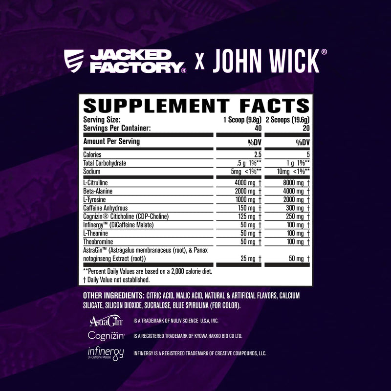 [Australia] - Jacked Factory X John Wick - Wick Mode Pre Workout Powder - Intense Energy, Battle-Ready Focus, Unstoppable Commitment, and Sheer Will - 40 Servings, Baba Yaga Blue Raz 