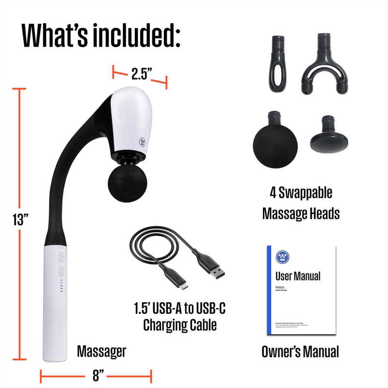 [Australia] - Westinghouse Long Handle Curved Massage Gun for Neck & Shoulder Pain, Rechargeable, Up to 5 Hours of Battery, 4 Head Attachments, 5 Percussion Massage Speed Levels, Deep Tissue Self Massager 