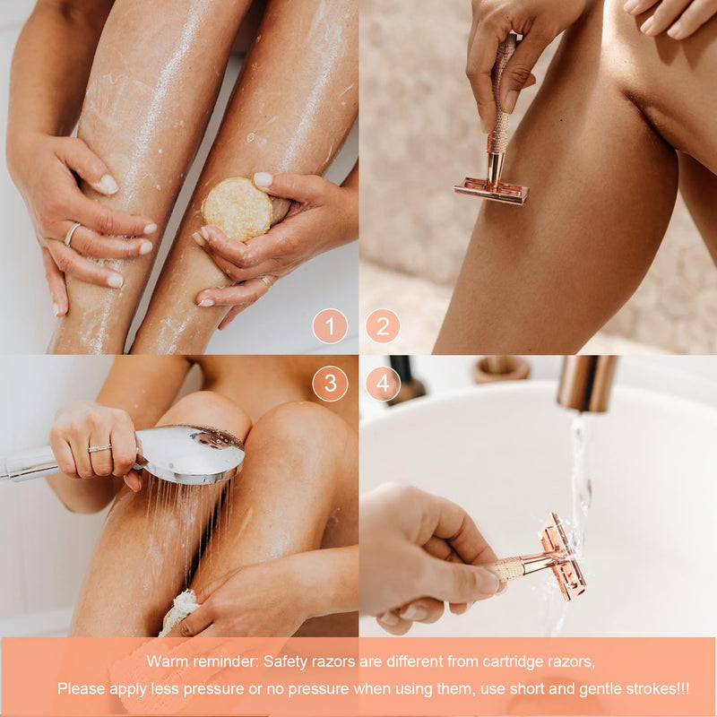 [Australia] - Double Edge Safety Razor, Single Blade Razors for Women, with 10 Platinum Coated Safety Razor Blades, Reusable Metal Face Razors for Men, Sustainable Safety Shaving Razor, No Plastic, Rose Gold Rose Gold Razor 