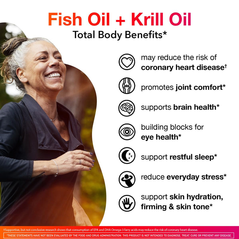MegaRed Omega-3 Blend Total Body + Refresh 500mg Softgels, (65 Count in a Bottle), Easily Absorbed Krill Oil, to Support Your Heart, Joints, Brain & Eyes | Fish Oil + Krill Oil Softgels, EPA & DHA, Heart, Brain, Joint & Eye Support, Restful sleep, Stre...