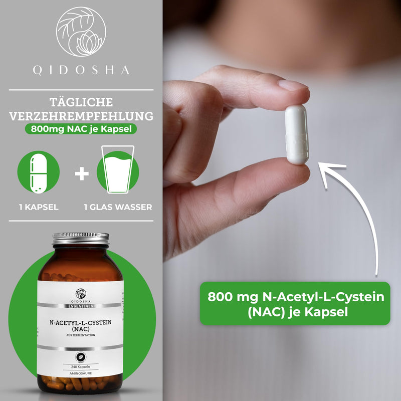 [Australia] - QIDOSHA® NAC 800 capsules high dosage, 240 capsules in a pharmacist jar, 800mg N-acetyl-L-cysteine per capsule, vegan, laboratory tested, German production 