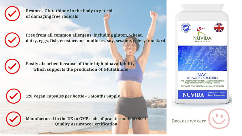 Nuvida High Strength N-Acetyl-Cysteine 600mg -120 Vegan NAC Capsules - N Acetyl Cysteine Amino Acid with High Bioavailability and Allergen Free