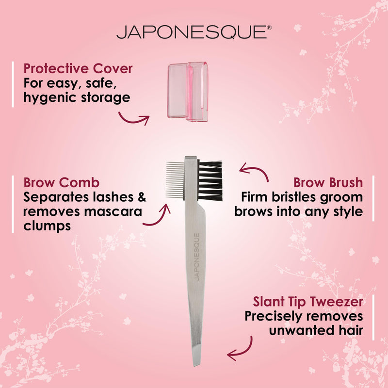 JAPONESQUE Premium Brow Shaper 3-IN-1 Tool Features a Slant Tweezer, Brow Brush & Lash Comb. Precision Crafted, Hand Sharpened Tips for Shaping & Defining Brows