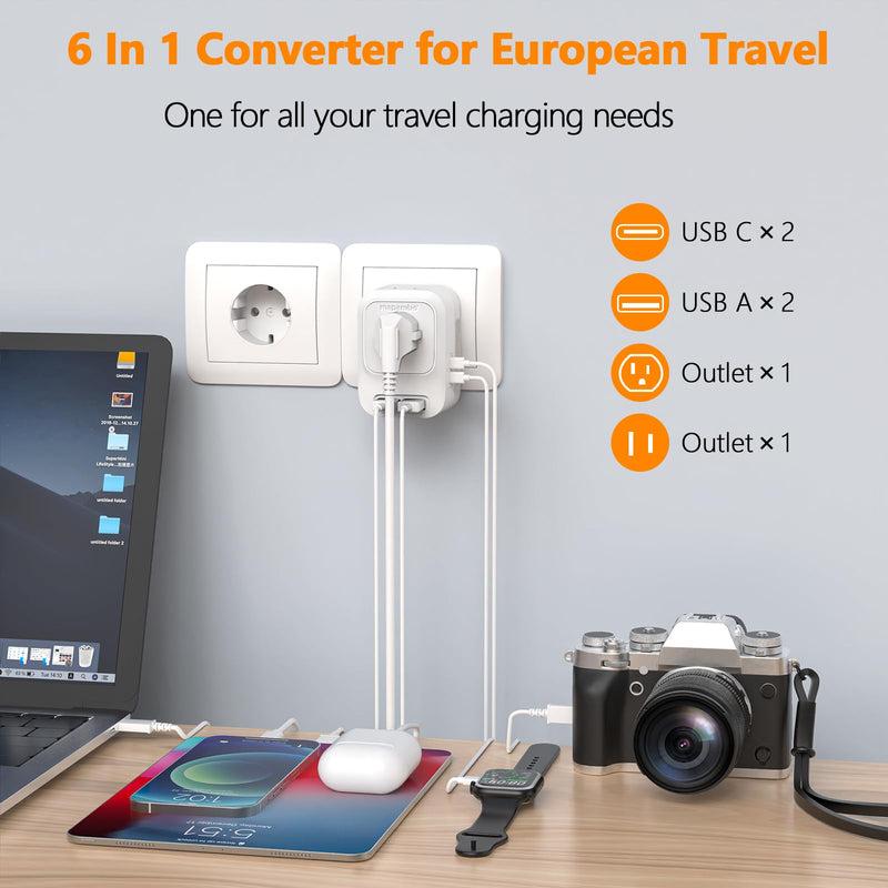 220V to 110V Voltage Converter US to Europe with 2 USB A 2 USB C Fast Charging, Power Converter for European Travel International Universal Travel Adapter for France Italy Germany Spain White