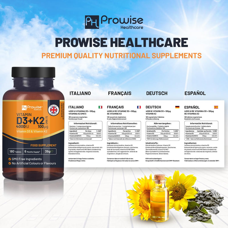 Vitamin D3 4000IU & K2 MK7 100µg Vegetarian Tablets I 180 (6 Months Supply) I Easy to Swallow Supplement for Immune Support, Calcium Boost, Bone & Muscle I Made in The UK by Prowise Healthcare