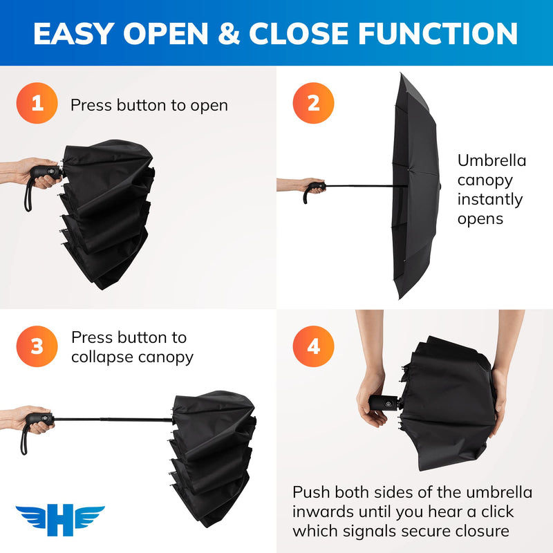 HERO Windproof Travel Umbrella – Premium Auto Open/Close, Lightweight, Compact, Portable Umbrella with 2-Person Coverage for Travel – Fits Easily in a Purse or Backpack Black