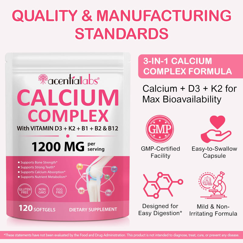 Calcium Complex 1200mg with Vitamin D3, K2 & B Vitamins B1 B2 B12 – Calcium Supplement for Bone & Teeth Support, Helps Calcium Absorption & Nutrient Metabolism – Gluten Free, Non-GMO – 120 Softgels