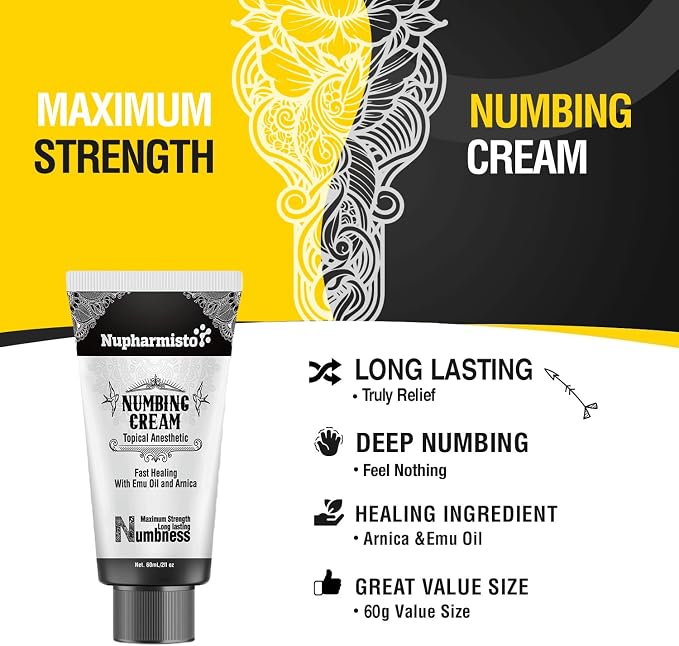 6 Hours Maximum Strength Numbing Cream Tattoo (2oz/ 60ml), Painless Tattoo Numbing Cream, Numbing Cream for Tattoos Extra Strength with 5x Numbing, Emu Oil and Arnica. 2oz/ 60ml