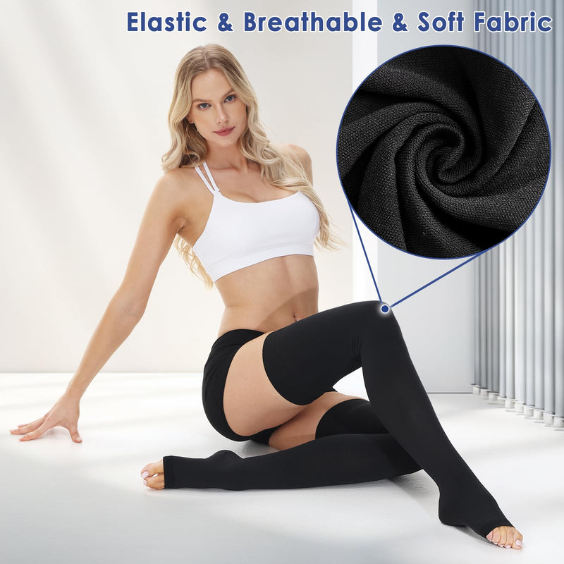 [Australia] - beister 15-20 mmHg Medical Compression Stockings for Men and Women, Open Toe Long Compression Socks with Silicone Band, Class 1 Thigh Support Stockings for Varicose Veins, Edema, DVT, Flight Black XXL 