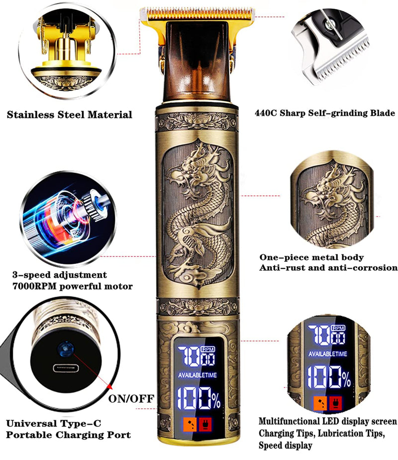 Professional Hair Trimmer for Men,T-Blade Zero Gapped Cordless Edger Clipper Cutting Rechargeable Liners Electric Beard Shaver with LED Display (Gold)