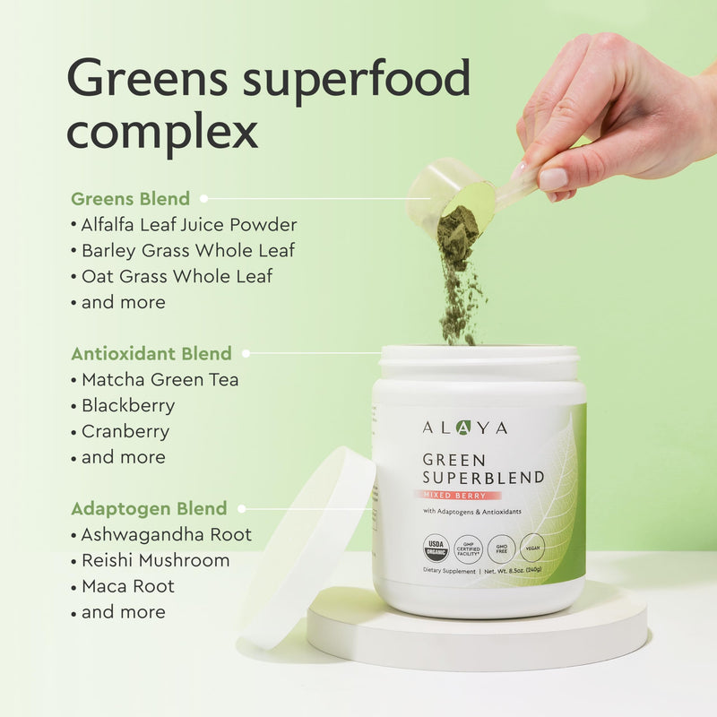 [Australia] - Alaya Organic Super Greens Powder - Premium Green Juice Superfood Supplement Powder - Adaptogens, Antioxidants & Probiotics Blend - USDA Organic, Non-GMO, Vegan - 30 Servings (Mixed Berry) 