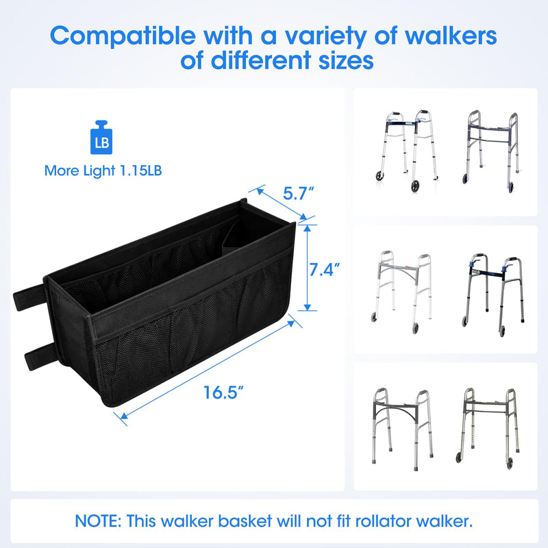 [Australia] - Upgrade Dotday Walker Basket Walker Bag Water Cup Holder, Foldable Walker Storage Bag with Big Capacity & Never Tipping Over, Best Gift for Family - Black (Not Fit Rollator Walkers) 