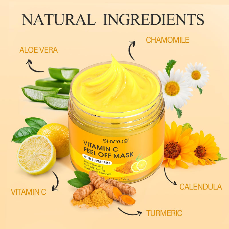 SHVYOG Vitamin C Peel Off Face Mask, Peel Off Mask with Turmeric, Blackhead Remover & Deep Cleansing Face Peel Mask, Vitamin C Exfoliating Face Mask for Blackheads, Large Pores, Dirts, Oil VC 5.29 Fl Oz (Pack of 1)