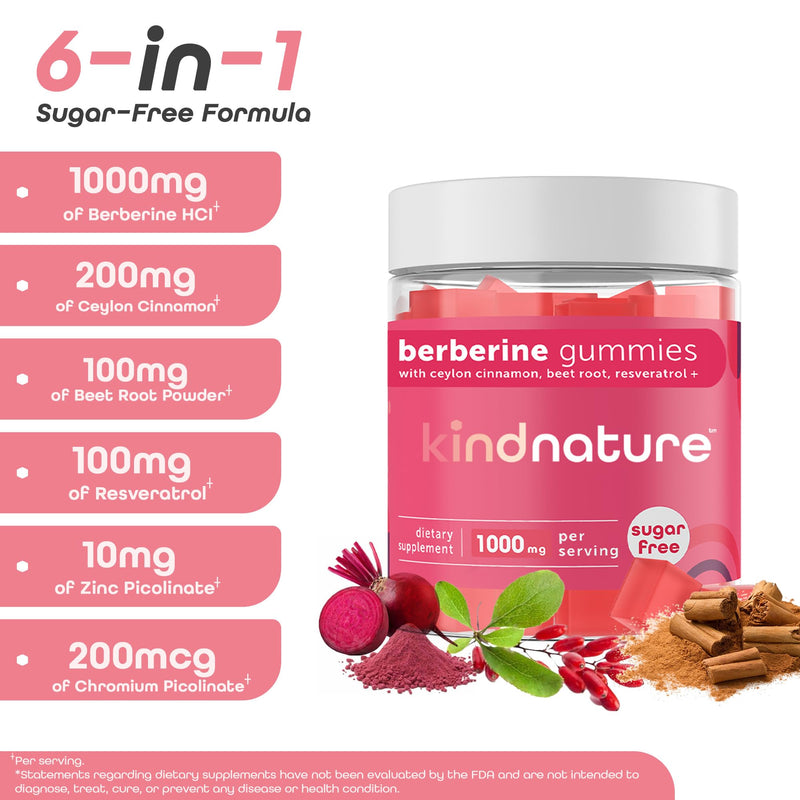 [Australia] - Kind Nature 1000mg Berberine Gummies - Sugar Free Natural Berberine Supplement Gummies with Ceylon Cinnamon & Beet Root - Non GMO, 3rd Party Tested Berberine Complex 