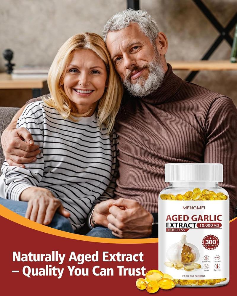 Aged Garlic Extract Odorless Softgels, 20:1 Concentrate, Daily Immune & Heart Health Support, 2 Year Aged Garlic Supplements for Men & Women, 300 Count 300 count (Pack of 1)