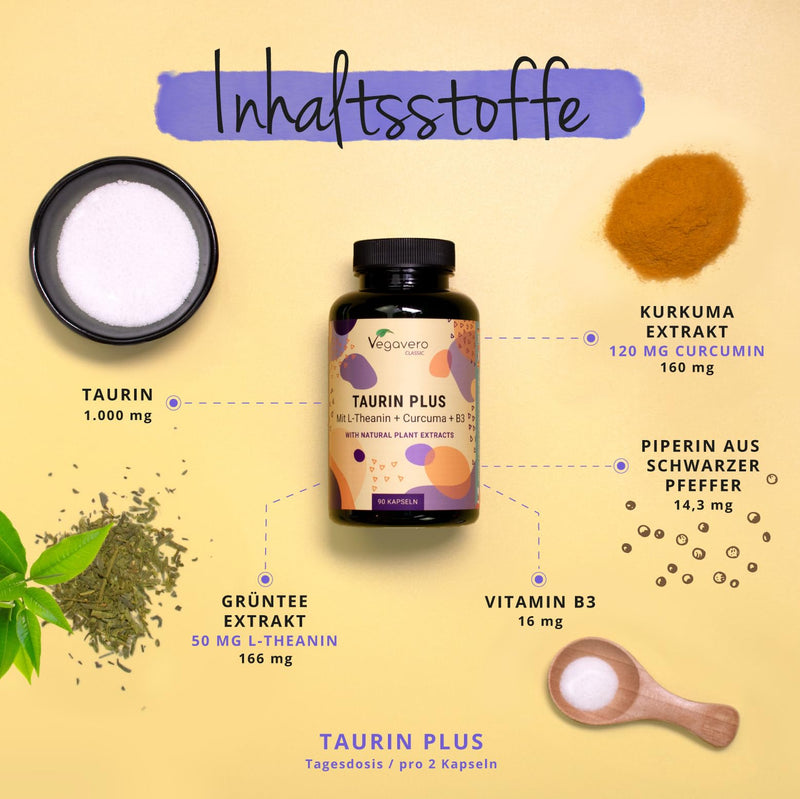 [Australia] - Taurine in high doses | 1000mg | With turmeric & L-theanine from green tea extract | Vegan & No Additives | 90 capsules | German production of Vegavero® 