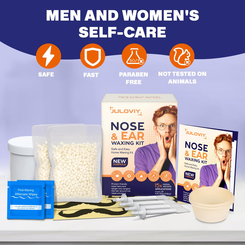 [Australia] - Super Nose & Ear Waxing Kit |100g Wax, 30 Applicators | Ear & Nose Hair Removal for Men & Women | No Microwave Needed | Includes Balm Wipes, Mustache Guards | Pain-Free Hair Remover, Long-Lasting Super Nose Waxing Kit 